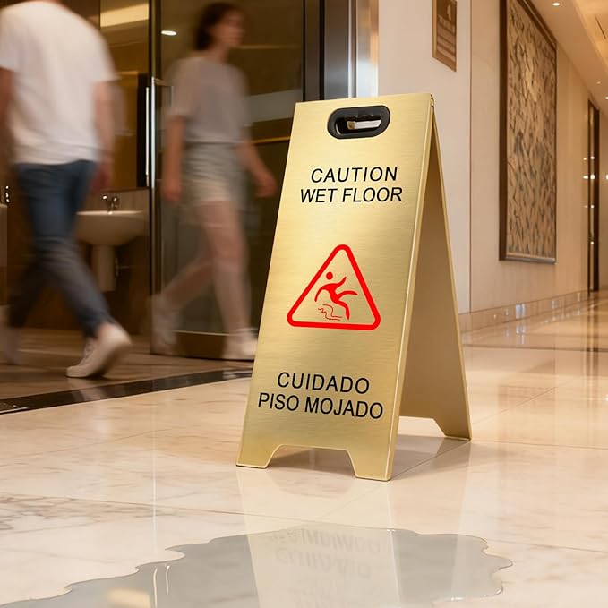 Kerty 4 Pack Stainless Steel Wet Floor Sign, 24 Inch Caution Wet Floor Sign Portable Foldable Bilingual Safety Warning for Hotel Market Restroom Restaurant Office (Gold)