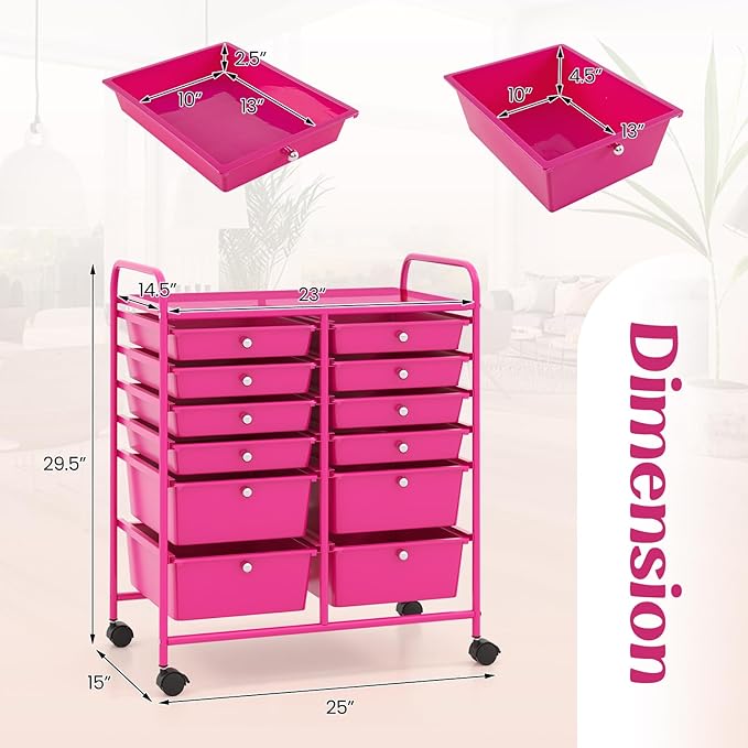 Happygrill 12-Drawer Rolling Storage Cart, Multipurpose Storage Cart W/Lockable Wheels, 2 Sizes Plastic Drawers & Metal Shelf, Mobile Utility Cart for Home Office School (Hot Pink)