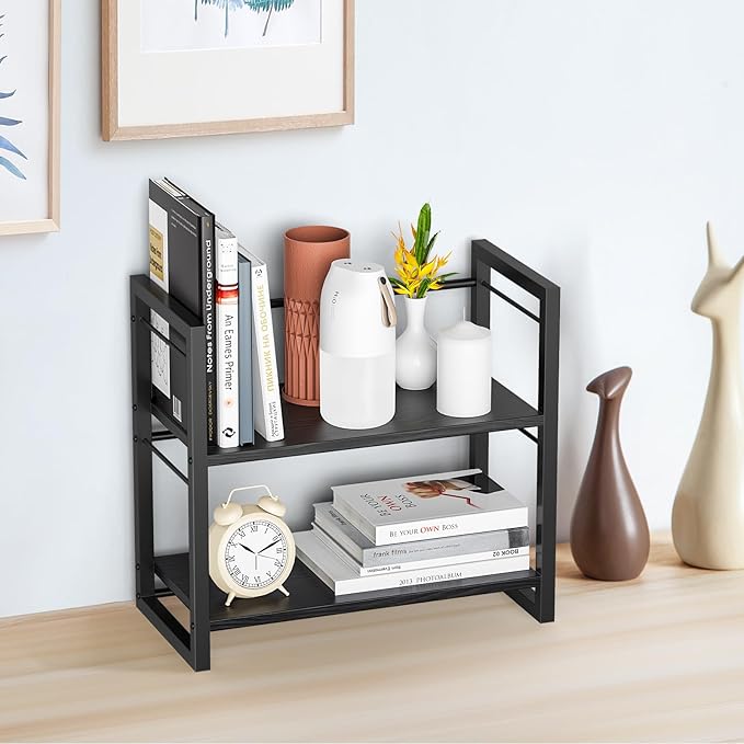 ART-GIFTREE Office Desk Shelf Organizer, Wood Desktop Bookshelf Supplies Storage Rack, Shelf for Top of Desk and Dresser (Pure Black-2 Tier)