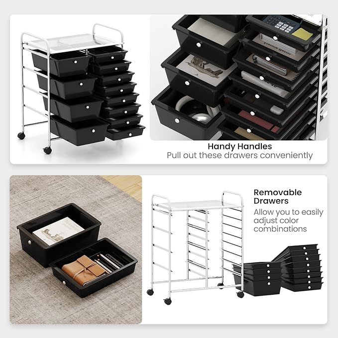 LDAILY 12 Drawer Rolling Storage Cart, Rolling Cart with Drawers for Classroom, Art Supply Craft Organizer on Wheel with Metal Frame & Handles for Home Office School (Black, 12 Drawer Left-Right)