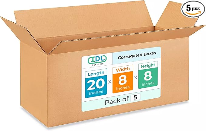 Long Shipping & Moving Boxes 20 x 8 x 8 inches (5-Pack) - Extra Strength 200 lb vs Regular - Corrugated Cardboard Packing Boxes for Moving - Shipping Box for Delivering by IDL Packaging