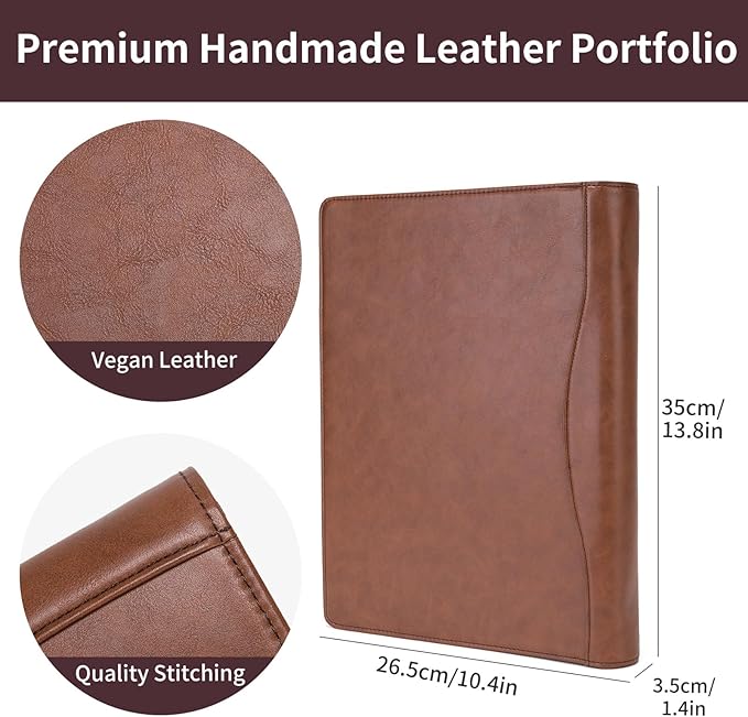Geslun Personalized Vegan Leather 3 Ring Binder, Custom 8.5 x 11 Letter Size Folio with Pen Holder, Soft Notebook Portfolio Cover, Notepad Padfolio Organizer for Meeting, Brown