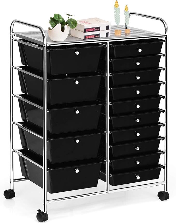 HAPPYGRILL 15-Drawer Rolling Cart, Storage Carts with Removable Drawers & Steel Frame, Utility Cart on Lockable Wheels for Home, School, Office, Black
