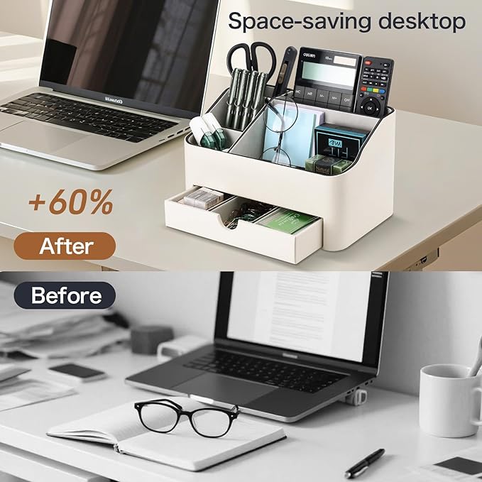 KINGFOM PU Leather Desk Organizer with Drawer, 5 Compartments Desktop Storage Caddy for Office Home Supplies, Pen Holder for Remote Control, Phone & Accessories, Mail Organizer Countertop Ivory White