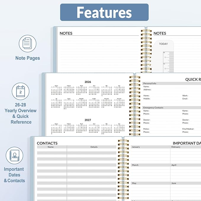 SUNEE 2026 Appointment Book, Quarter-Hourly, Weekly & Monthly - from January 2026 - December 2026, 8.5"x11" Weekly Planner, Flexible Cover, Note Pages, Pockets, Bookmark, Spiral Binding, Gray Blue
