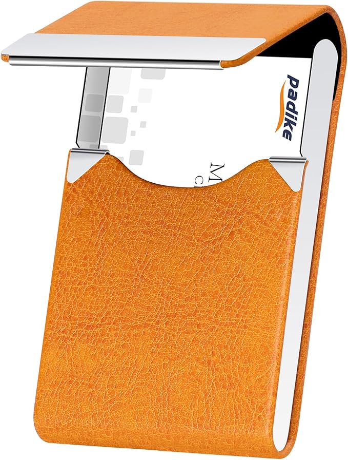 Padike Professional Business Card Holder PU Leather Business Card Case Name Card Holder Slim Metal Pocket Card Holder with Magnetic Shut (Z-Orange)