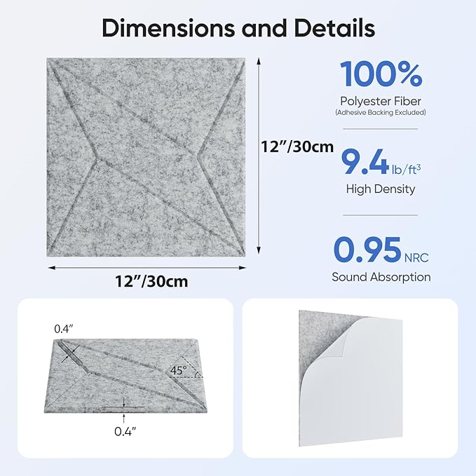 UNECHO 12 Pack 12" X 12" X 0.4" Acoustic Panels for Wall Sound Absorbing, P-Stripes Square Self-Adhesive Sound Panels, High Density Suitable for Multiple Scenarios(Silver Gray)