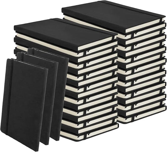PEDOBALI 35 Pcs Lined Journal Notebooks with Elastic Band, 5.5 x 8.3 Inch Black Executive Notebooks Bulk, Pu Leather A5 Hardcover Notepad for Business Office School