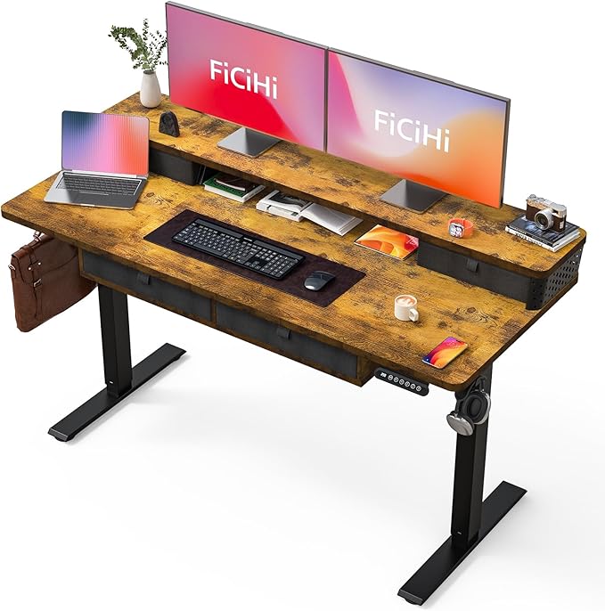 FiCiHi Electric Standing Desk with Four Drawers, Adjustable Height Sit Stand Desk, C-Clamp Compatible Home Office Desk with Storage Shelf & Monitor Stand Riser, 55 x 24 Inch, Rustic Brown