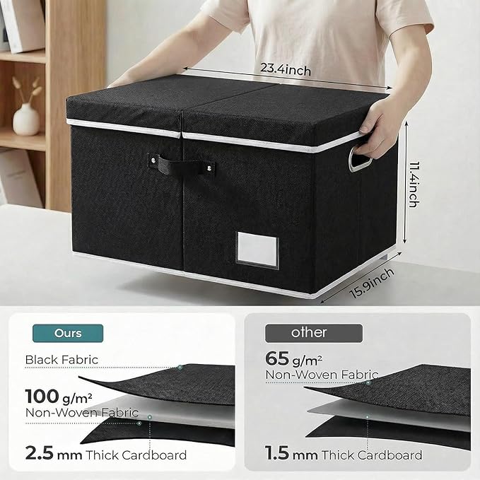 PRANDOM Storage Boxes with Lids [3-Pack] Fabric Collapsible Storage Bins Organizer Containers Baskets Cube with Cover for Home Bedroom Closet Office Nursery Black（23.4X15.9X11.5