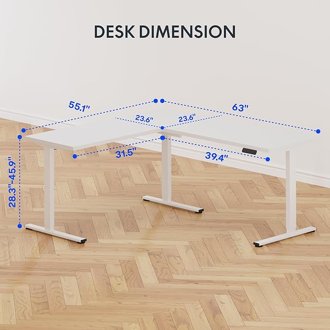 FLEXISPOT L Shaped Standing Desk, 63 x 55 Inch Electric Height Adjustable Corner Desk, Sit Stand Computer Workstation, Preset Controller, Home Office, White Frame with White Top
