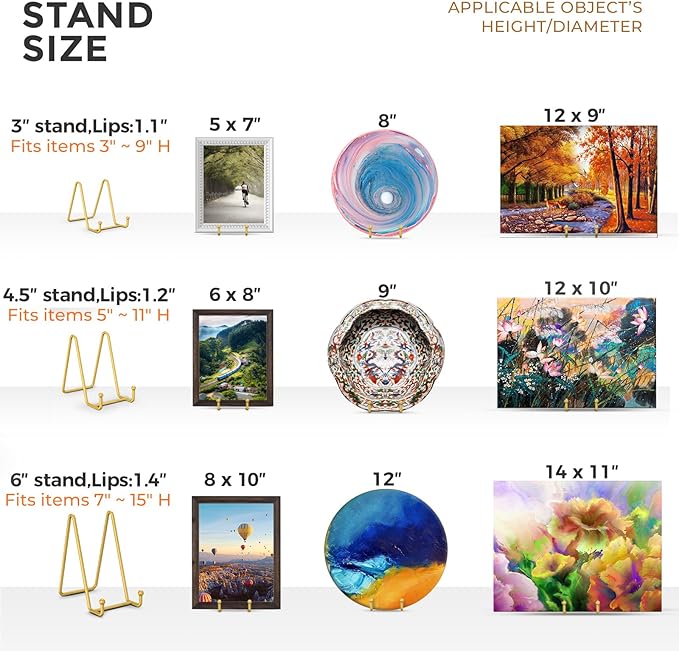 TR-LIFE Plate Stands for Display - 6 Inch Plate Holder Display Stand + Metal Frame Holder Stand for Picture, Decorative Plate, Photo Easel, Tabletop Art (Gold 2 Pack)
