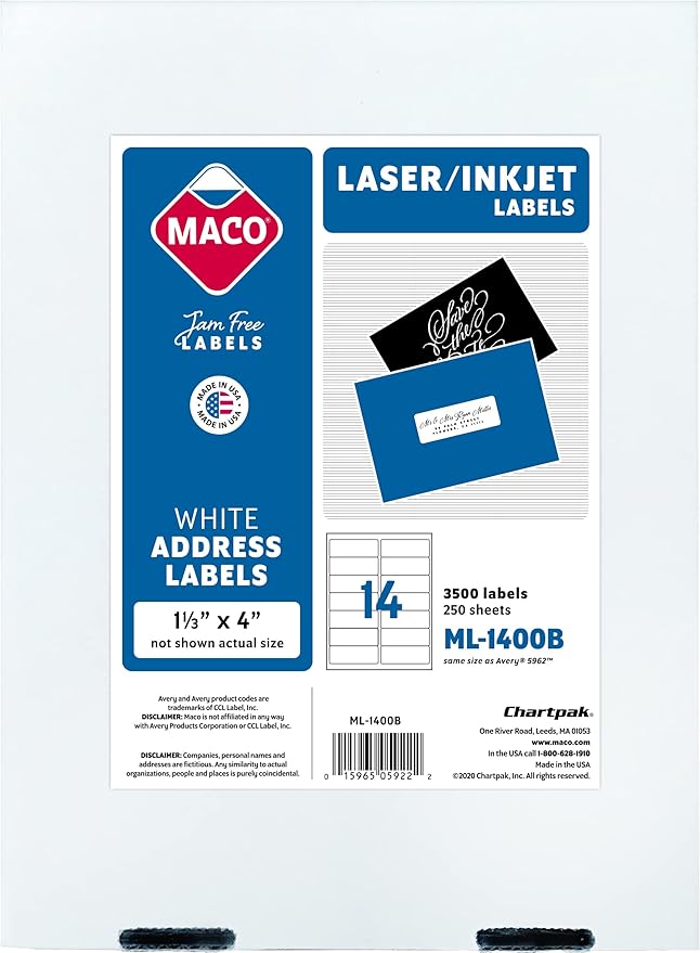 MACO Printable Labels for Mailing - Laser/Ink Jet Compatible Shipping Address Labels, 14 per Sheet, 1-1/3" x 4", Box of 250 Pages/3500 Labels, White