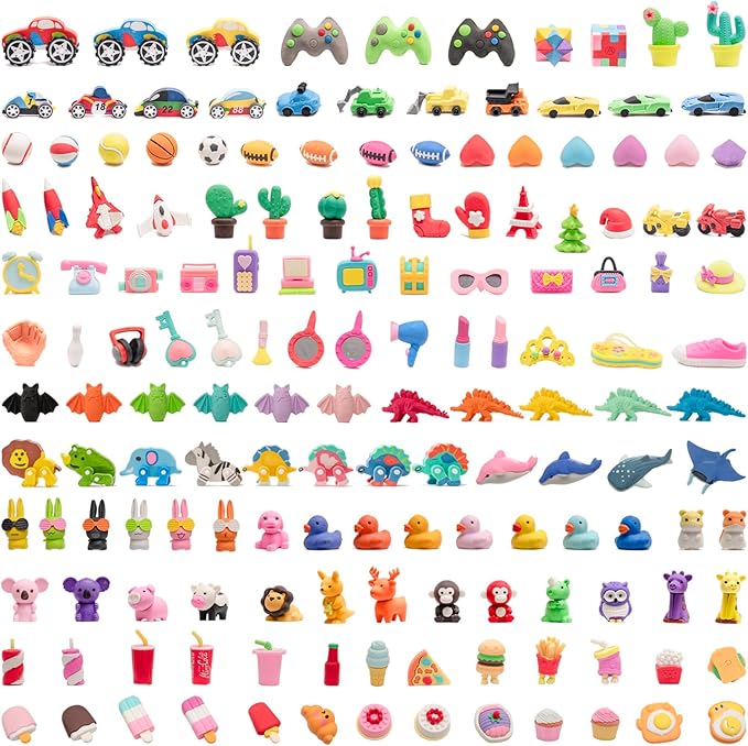 CLOCK KING 156pcs 3D Cute Kids Erasers, Random Desktop Pet Toys Gifts, Classroom Rewards Kids Party Gifts, Various Styles Such as Animals, Food, Plants, Space, Princess, Sports, Halloween, Christmas