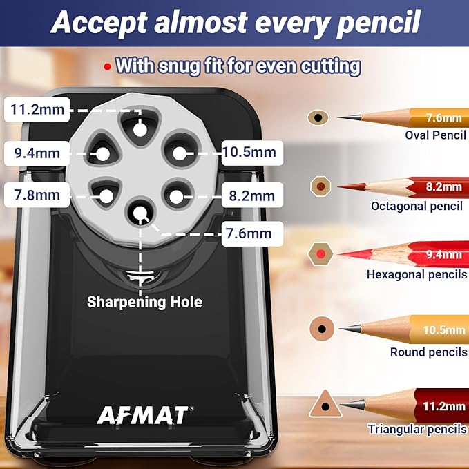 AFMAT Electric Pencil Sharpener Heavy Duty, 6 Holes, Auto Stop Pencil Sharpeners for Classroom, Electric Sharpener for 6-11mm Colored Pencils, 7000 Sharpenings, Fast Sharpen, Save Pencils PSX1