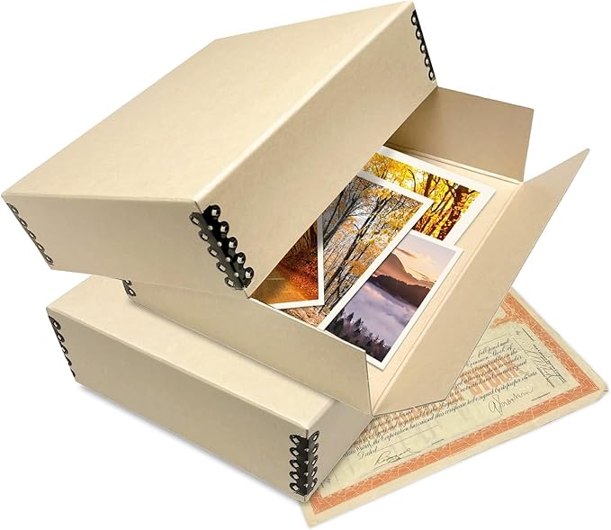 Lineco Museum Archival Storage Box, 8.75x10.75x3 in. Drop Front Design. Acid-Free with Metal Edge. Organize Photos, Pictures, Prints, Documents, Crafts, DIY. Tan, 1 Pack