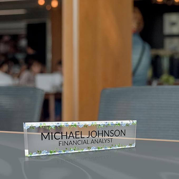 Signs ByLITA Floral Pattern Customized Nameplate | Wild Blue Personalized Full Color Acrylic Desk Sign