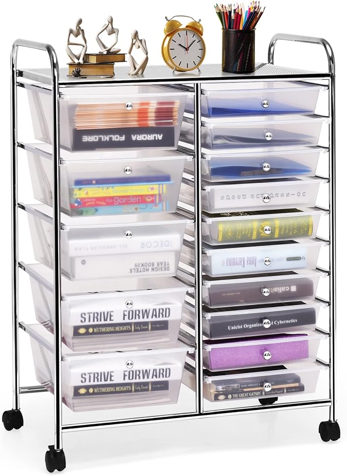 COSTWAY 15 Drawer Rolling Storage Cart, Multipurpose Mobile Storage Organizer w/Removable Drawers & Metal Frame, Utility Tools Paper Organizer on Wheels for Home, Office (Transparent)