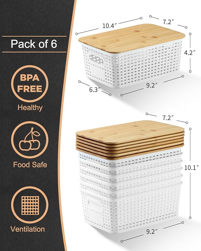 6 Pack Storage Bins with Bamboo Lids,Plastic Storage Baskets and Storage Containers, Storage Baskets for Organizing Shelves Drawers Desktop Closet Playroom Classroom Office Home