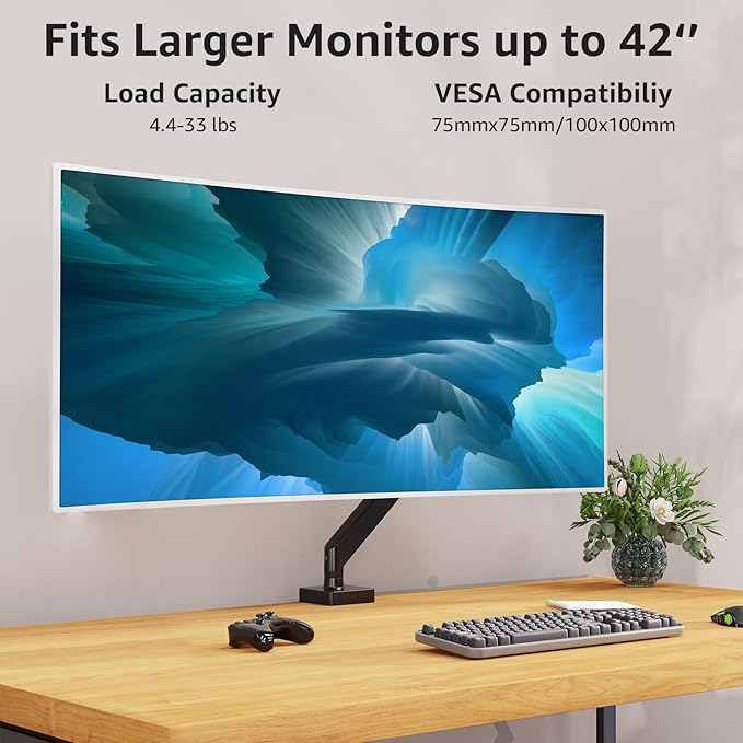 MOUNTUP Single Monitor Mount with USB Fits 49 42 40 35 34 32 27 24 inch Large Screen, Heavy Duty Monitor Arm, Monitors Stand for Desk, Holds 4.4-33 lbs, Ultrawide Monitors Arm, VESA Mount