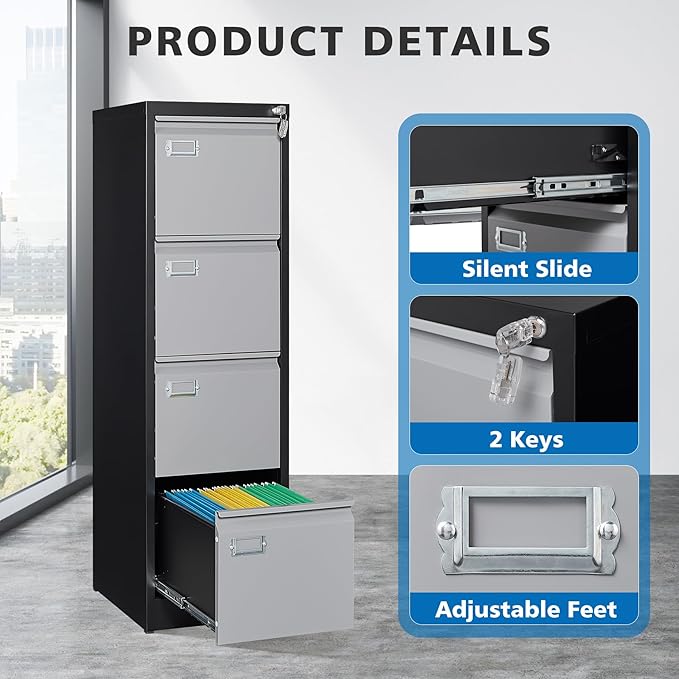 BYNSOE 4 Drawer File Cabinet with Lock Metal Vertical Filing Cabinet Office Home Lateral File Cabinet for A4 Legal/Letter Size,Assembly Required (Black Gray, 4 Drawers-Vertical)