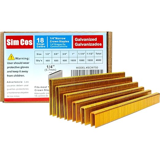 SimCos 18 Gauge 1/4" Narrow Crown Staples, Galvanized Upholstery Staples for 18 GA Pneumatic or Electric Stapler or Staple Gun (1/2"+5/8"+3/4"+1"+1 1/4"+1 1/2"-4600pcs)