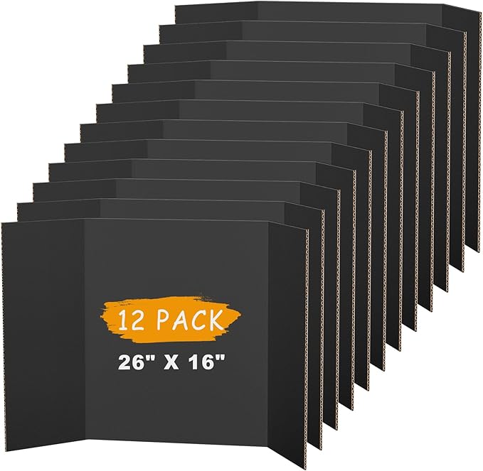 AKONEGE 12Pcs Medium Trifold Poster Board, 26" x 16" Black Corrugated Cardboard Tri Fold Poster Boards for School Projects, Presentations, Science Fair, Photo Display, Art Exhibition