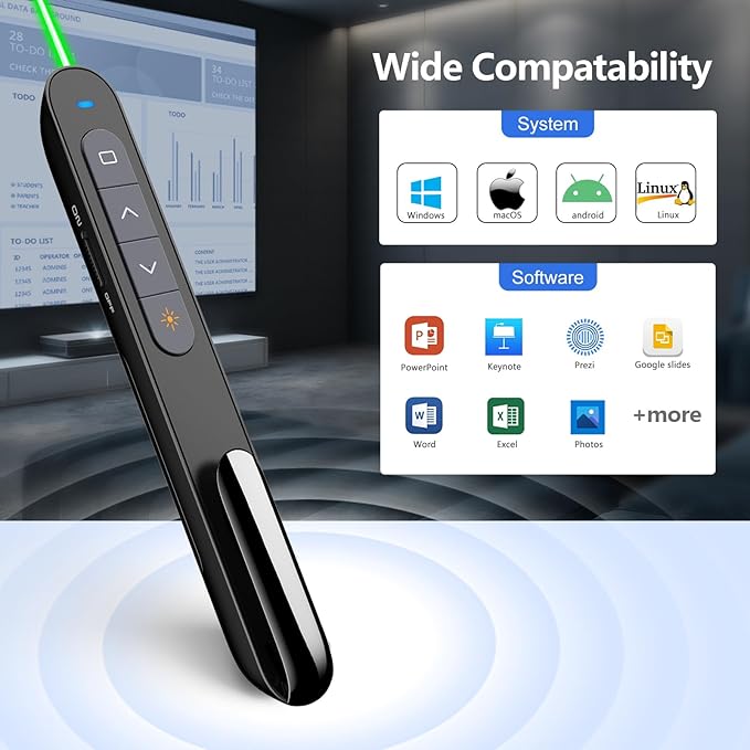Norwii N76 Rechargeable Presentation clicker, Long Range Presentation Remote, Wireless Presenter, Pointer for PowerPoint Presentations, Slide Control - Green Light+Case
