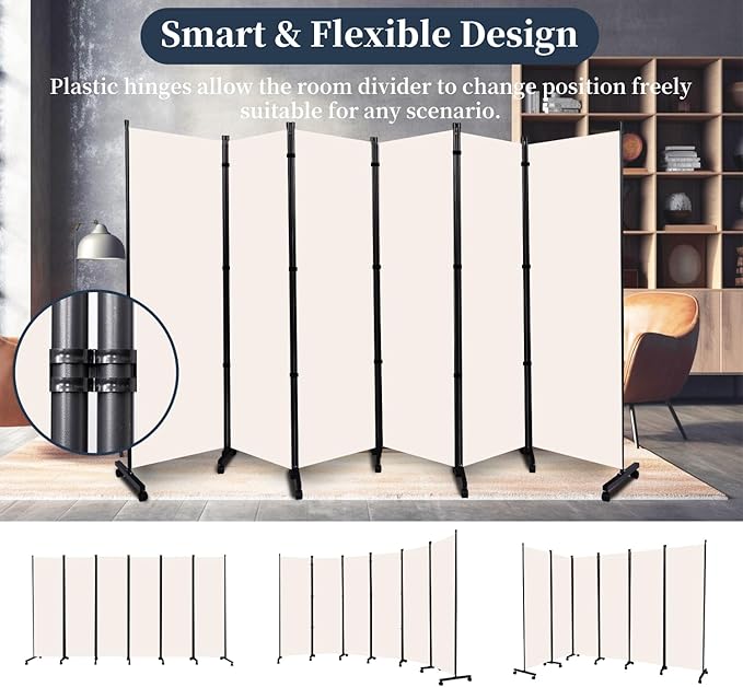 Room Divider Folding Privacy Screens with Lockable Wheels, 132'' Partition Room Dividers Freestanding Room Divider Fabric Panel for Room Separation, Wall Divider for Home Office Bedroom Dorm Decor