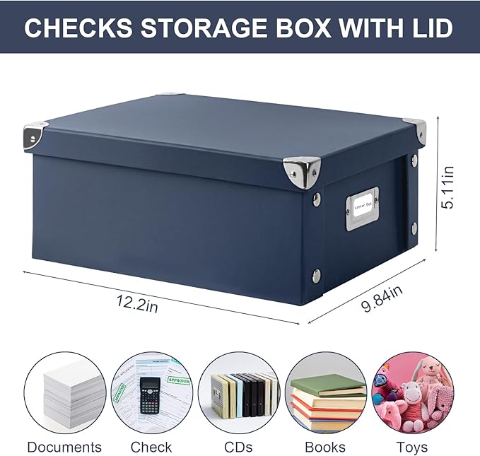 DLUGOPIS Checks Storage Box with Lid Document Boxes Banker Boxes Document Bin Foldable Cardboard Record Boxes For Business Pesonal Orangize Files 12"x10"x5"(Navy Blue, 1 pcs)