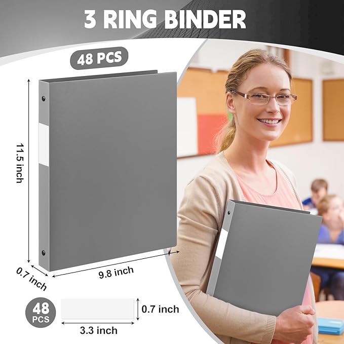 Henoyso 48 Pcs 3 Ring Binder 0.5 Inch Round Fits Letter Size 8.5'' x 11'' Paper Plastic Flexible Binder Bulk Holds 140 Sheets with 1 Pockets Versatile Organizer for Home Office School (Gray)