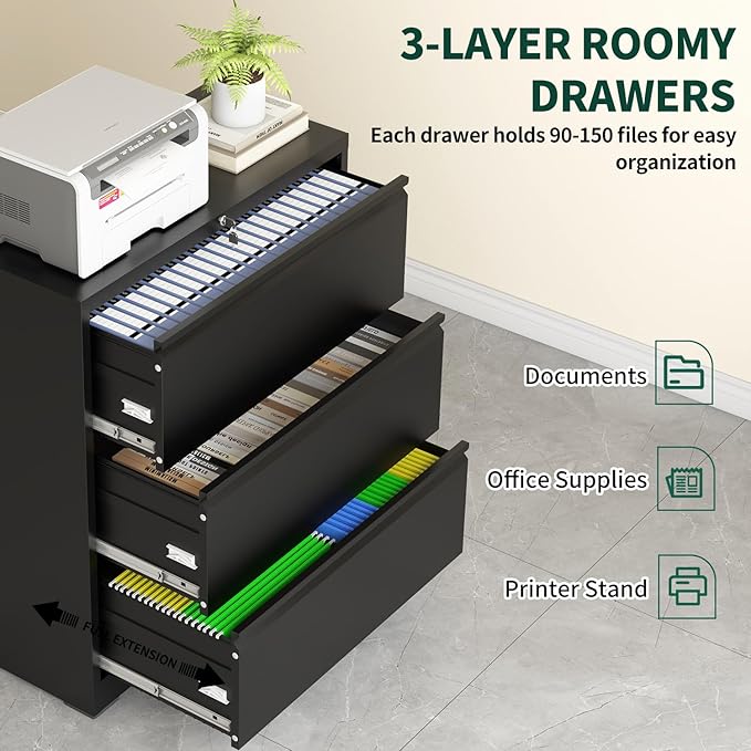 3 Drawer Lateral File Cabinet with Lock, Metal File Cabinets for Home Office, Office Furniture for Organization Hanging Legal/Letter/A4, Metal Filing Cabinet Storage Cabinet, Require Assembly, Black