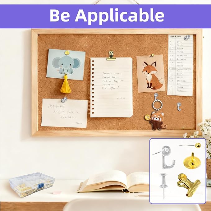 505 Pcs Push Pins Set 5 Style Thumb Tacks Decorative Push Pins Gold Metal Thumb Tacks for Cork Board Map Office Accessories with Metal Binder Paper Clips