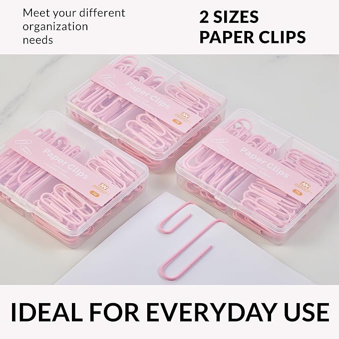 NEEWAY Colorful Paper Clips Assorted Sizes, Small and Large Paperclips, 210 Count, 3 Pack of 70 (Light Pink)