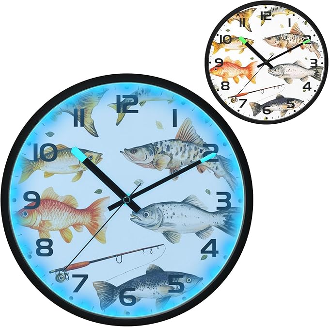 Vozoza Fishing Underwater 12 Inch Analog Wall Clocks Battery-Operated with Led Lights for Living Room Bedroom Kitchen Office Decor, Battery Not Included
