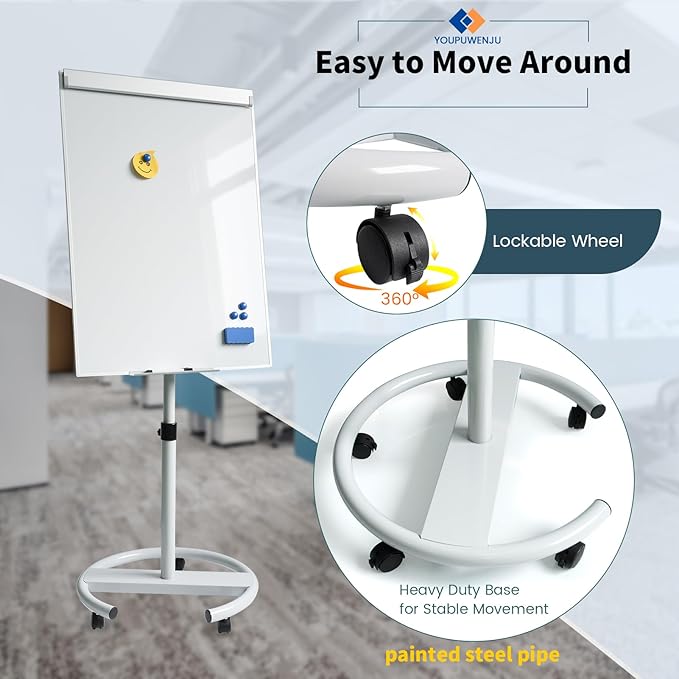 Rolling Whiteboard Magnetic Writeboard 40"x28" Flip Chart with 5 Wheels Easel-Style Dry Erase Boards Message Bulletin Board (White)