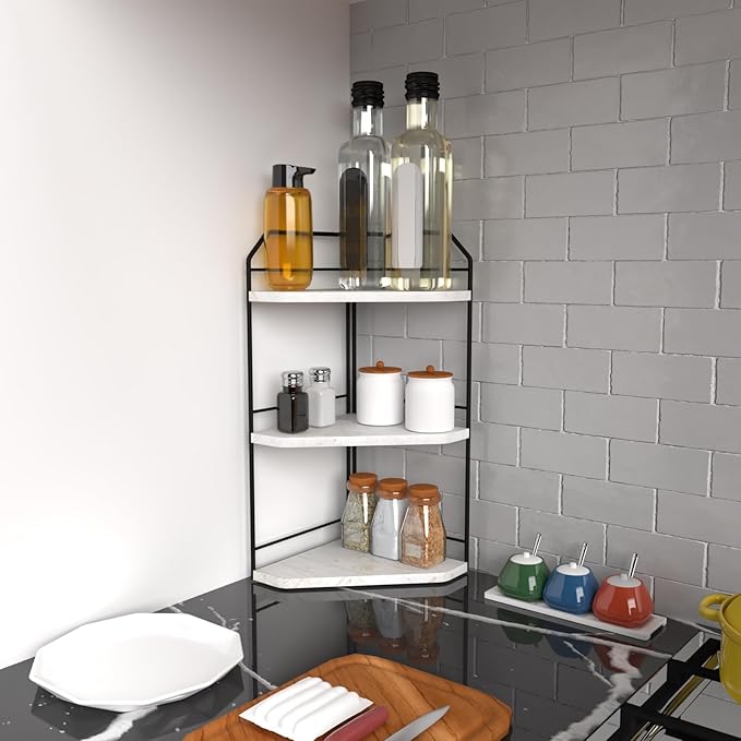 INIUNIK Corner Bathroom Counter Organizer - 3 Tier Wood Vanity Counter Shelf Perfume Skincare Holder, Countertop Corner Shelf Organizer for Bathroom, Kitchen, Rustic White