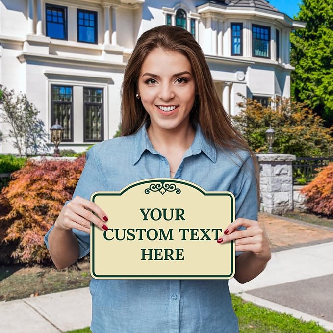 Custom Decorative Sign, Personalized Metal Sign for Business, Driveway, Home, Airbnb, Office Door Plaque, Green Border Sign, 7x10 Inches, ACM, Fade Resistant, Made in USA by Sigo Signs