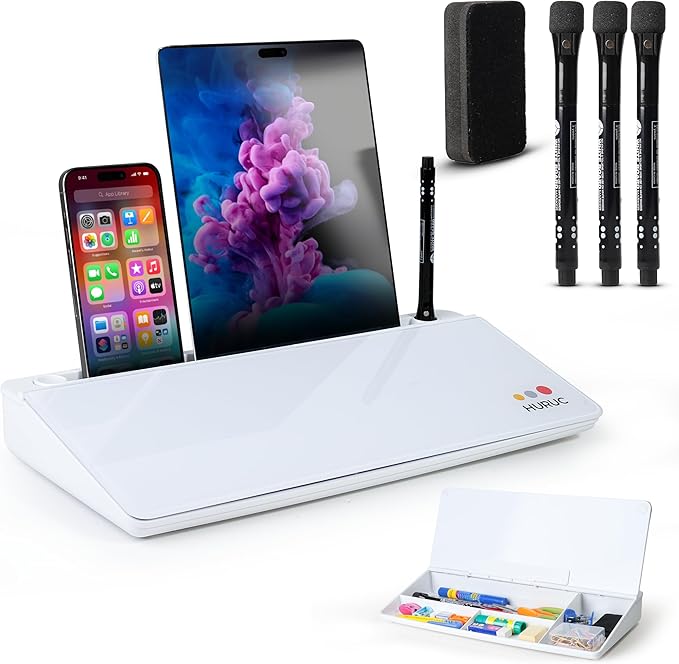 HURUC Small Glass Desktop Whiteboard with Storage,15.3"x7.08"x2.16" inch Desk White Board with Markers & Duster, Desktop Dry Erase Board, Desk Buddy Organizer for Home, Office, School (White)