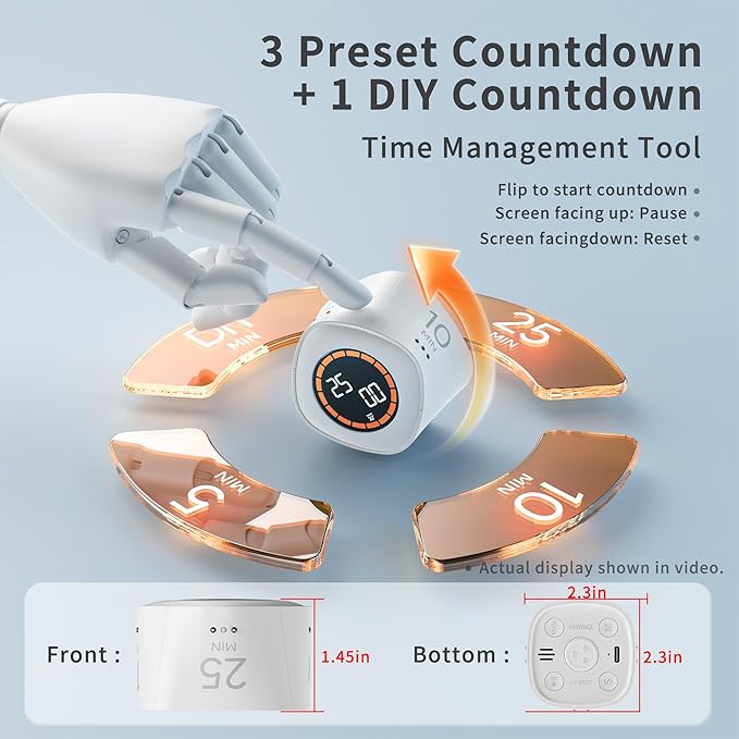 VEWINGL Cube Productivity Timer, 5/10/25/DIY Min Presets + Count-Up Mode, Time Display & Alarm Clock, Sound/Vibrate/Silent Alerts, Pause & Resume, Desk Timer for Work, Study, Kitchen (White)
