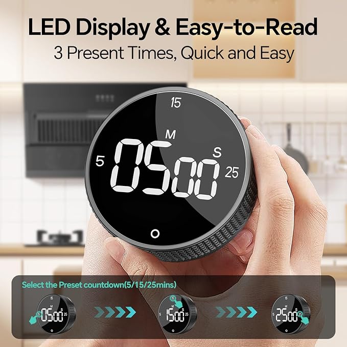 Allbean Digital Kitchen Timer, Large Display Magnetic Countdown Countup Timer, 3 Preset Times (5, 15, 25),Volume & Brightness Adjustable for Cooking Classroom Studying, Easy for Kids (Black,2Pcs)