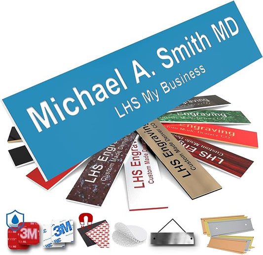 Engraved Name Plates for Door Sign Personalized Light Blue Plastic Plaque with White Letters - Made in USA 2x4 B1