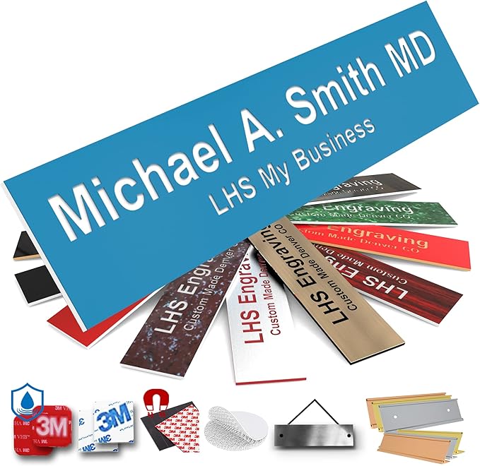 Engraved Name Plates for Door Sign Personalized Light Blue Plastic Plaque with White Letters - Made in USA 2x10 B1