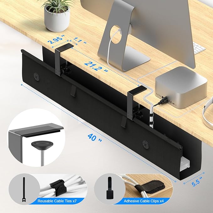 KIGJU Under Desk Cable Management Tray, 40-inch No-Drill Cord Organizer with Anti-Sag Reinforced Base, Fabric Wire Management Hider for Standing Desk, Office & Gaming Accessories - Black