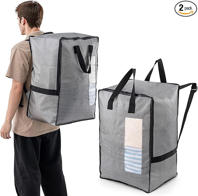 TAILI 2 Pack Gray Moving Bags w/Adjustable Backpack Straps, Moving Supplies, Moving Boxes Alternative, Heavy Duty Storage Totes for College Packing, Camping Backpack for Travel, Dorm, Laundry