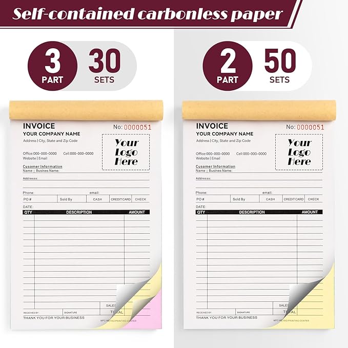 100 Sets Custom 5.7" X 8.5" Invoice Receipt Book, Personalized Duplicate Carbonless Form with Logo/Text, Paper 2-Part/3-Part in Bulk Purchase Orders, Sales Orders, Price Forms (3-Part)