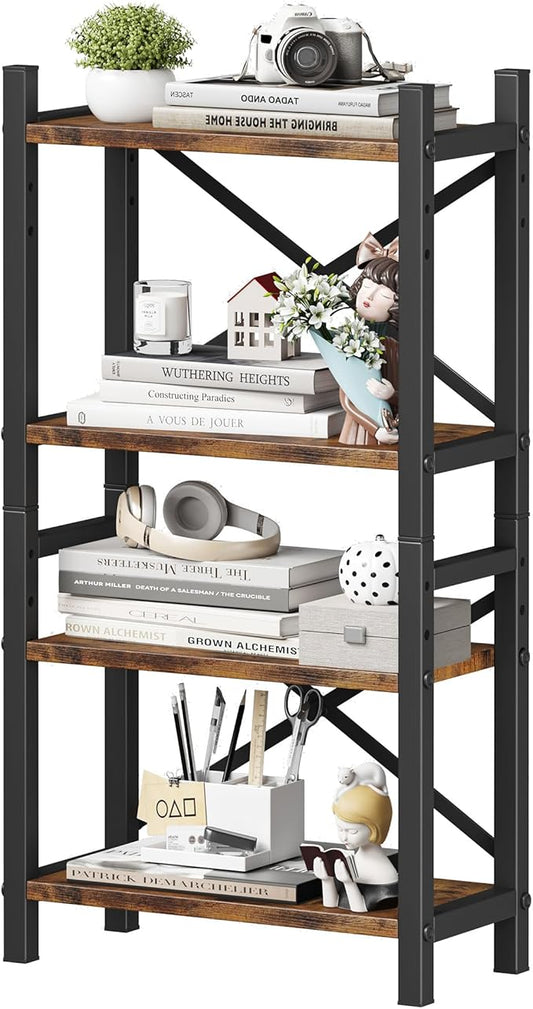Desktop Bookshelf, 4-Tier Stackable Narrow Bookcase, Adjustable Industrial Desk Organizer & Hutch - Rustic Brown Wood Desktop Book Organizer for Living Room, Bedroom & Home Office