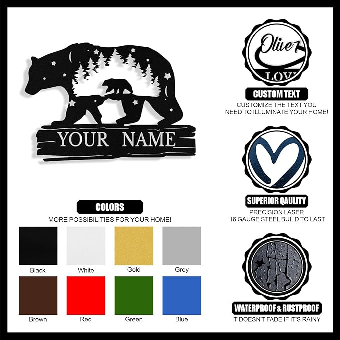 Custom Bear Metal Sign, Custom Bear Metal Wall Art Decor, Personalized Last Name Signs for Home, Rustic Farmhouse Black Wall Decor for Cabin, Bedroom, Living Room, Porch