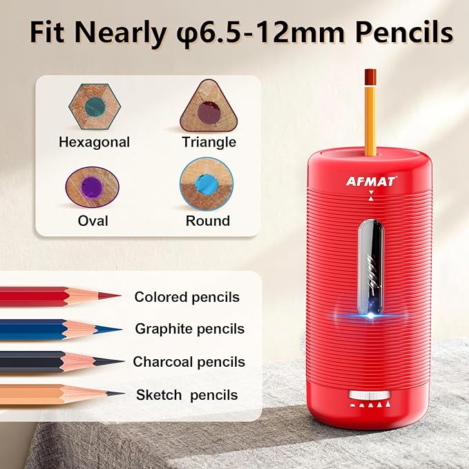 AFMAT Electric Pencil Sharpener, Fully Automatic Pencil Sharpener, Auto in & Out, Rechargeable Hands-Free Sharpeners for Jumbo & Colored Pencils (6.5-12mm), Portable for Home/Classroom/Office PSC2