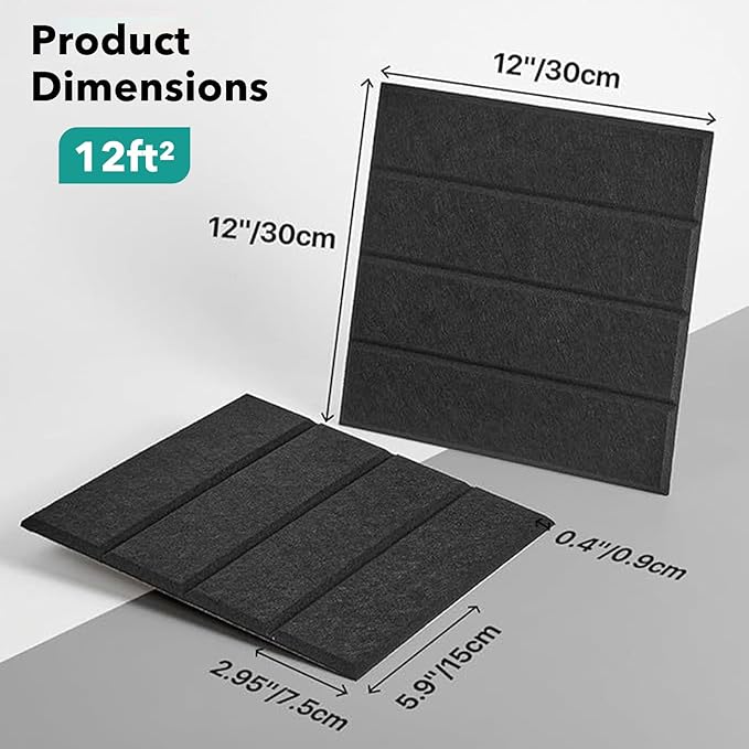 Lunarthos Felt Wall Tiles,12 Pack 12"x12"x0.4" Cork Borad Tiles with Self Adehesive Backing，Soundproof Corkboards for Office Home School（Black）